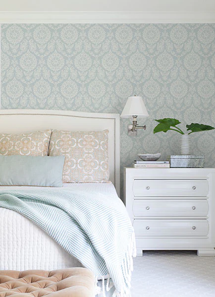 4071-71023 | Blue Heron, Helm Damask Aqua Floral Medallion - Advantage Wallpaper - Image 3