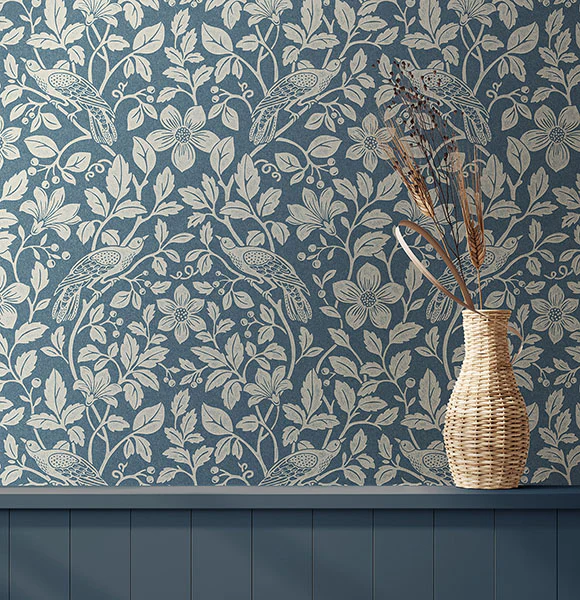 4164-M1818 | Westbury Forest, Marlow Dark Blue Bird Vine - Advantage Wallpaper - Image 2