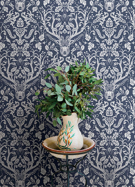 4169-12703 | Oak & Moss, Kiwassa Navy Antler Damask - Chesapeake Wallpaper - Image 3