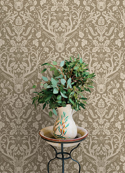 4169-12705 | Oak & Moss, Kiwassa Light Brown Antler Damask - Chesapeake Wallpaper - Image 3