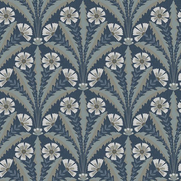 4169-27600 | Oak & Moss, Tap Root Dark Blue Floral Damask - Chesapeake Wallpaper