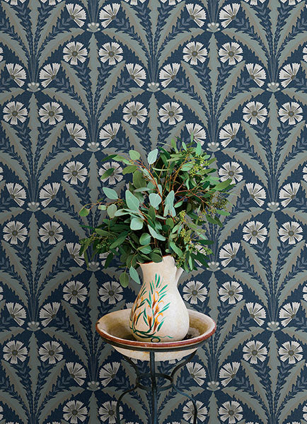 4169-27600 | Oak & Moss, Tap Root Dark Blue Floral Damask - Chesapeake Wallpaper - Image 3