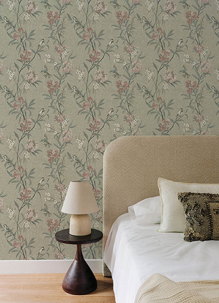 4169-83138 | Oak & Moss, Tea Olive Green Finch Frolic - Chesapeake Wallpaper - Image 2