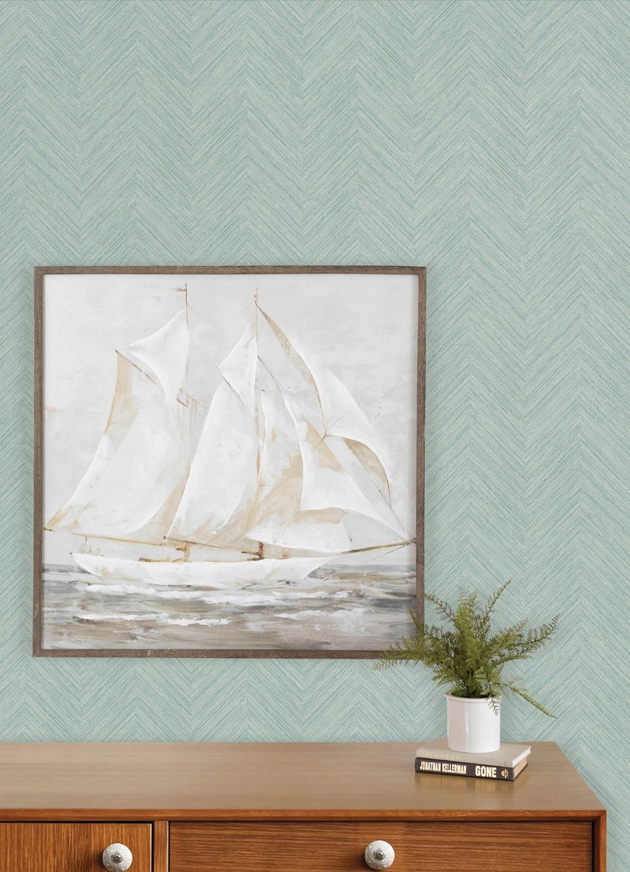 4192-13672 | Plaid & Stripe, Caladesi Aqua Linen Chevron - Chesapeake Wallpaper - Image 3