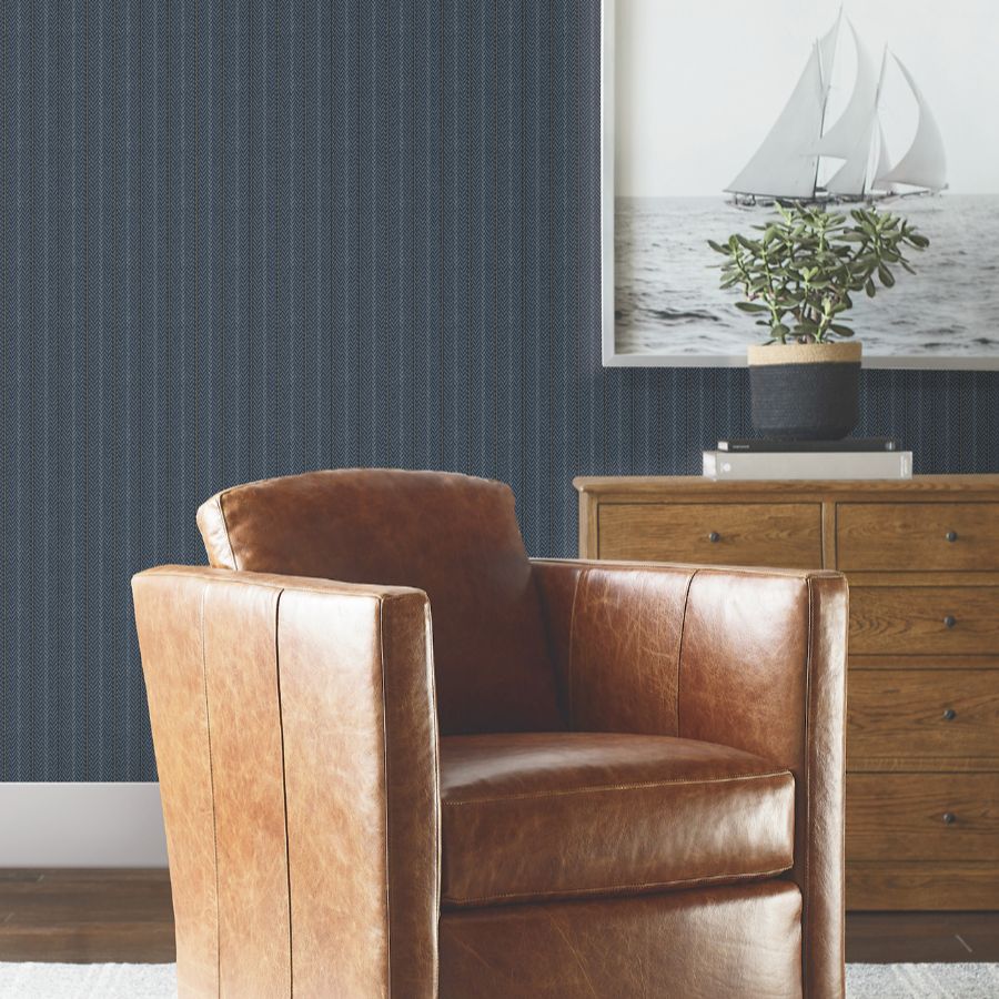 4211-83538 | Private Reserve, Elkan Stripe Navy Herringbone - Ronald Redding Wallpaper - Image 3