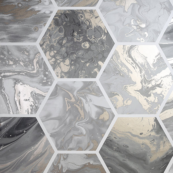 AH908502 | Arthouse, Marlon Charcoal Hexagon Tiles - Brewster Wallpaper