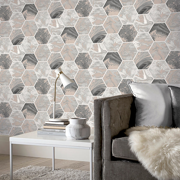 AH908502 | Arthouse, Marlon Charcoal Hexagon Tiles - Brewster Wallpaper - Image 2