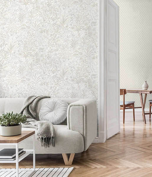 M95677 | Medley, Meilani White & Silver Palm Landscape - Brewster Wallpaper - Image 3