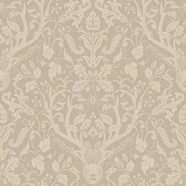 Sample - 4169-12705 Chesapeake Wallpaper, Kiwassa Light Brown Antler Damask Oak & Moss
