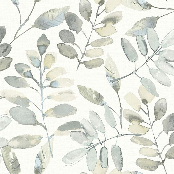 Sample - 4169-13905 Chesapeake Wallpaper, Pinnate Grey Leaves Oak & Moss