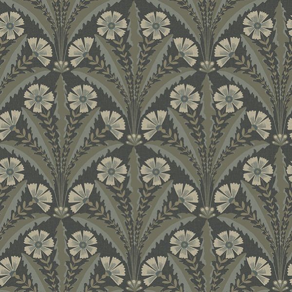 Sample - 4169-27601 Chesapeake Wallpaper, Tap Root Charcoal Floral Damask Oak & Moss