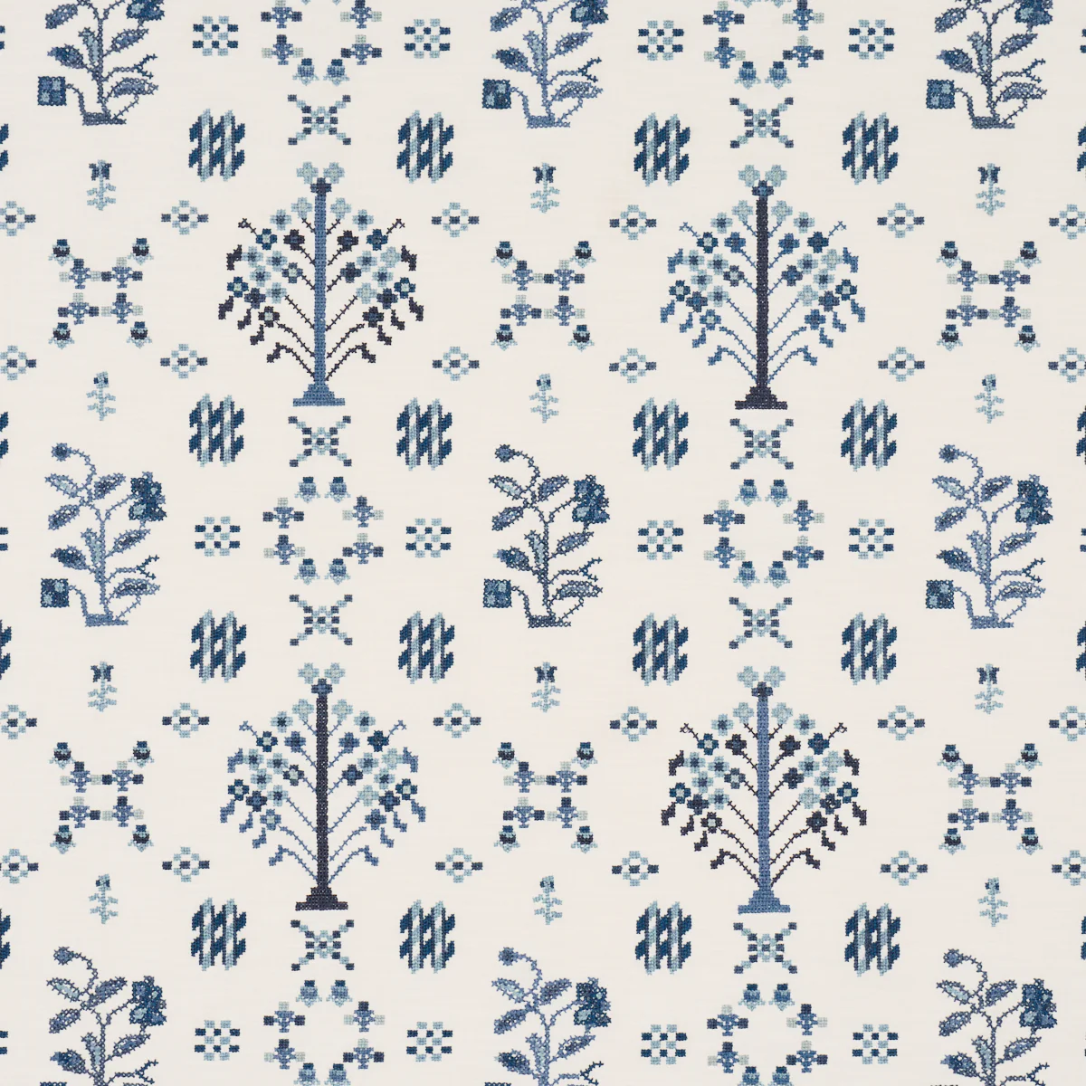 Sample - 85981 | Fairview Cross Stitch Embroidery, Indigo - Schumacher Fabric