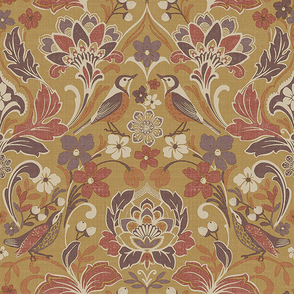 Sample - AH100198AH Brewster Wallpaper, Birdy Yellow Nuthatch Floral Arthouse