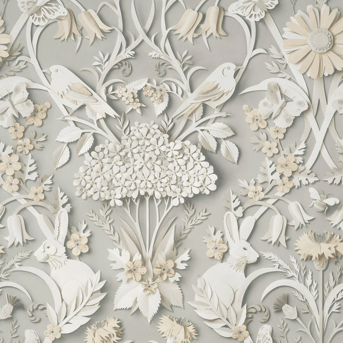 Sample - FD42952 Brewster Wallpaper, Fae Light Grey Woodland Medley