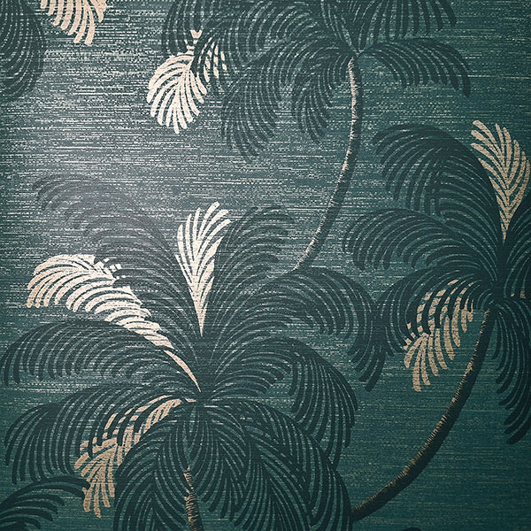 Sample - FD43789 Brewster Wallpaper, Jones Teal Palm Tree Medley