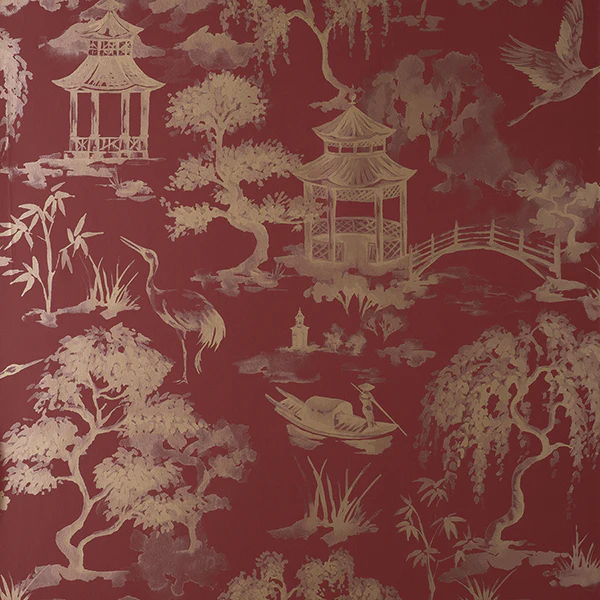 Sample - FD43798 Brewster Wallpaper, Nikolai Ruby Chinoiserie Medley