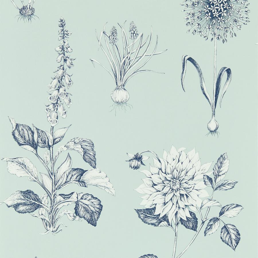 W0197/04 | Roseraie, Blue Botanical - Clarke And Clarke Wallpaper