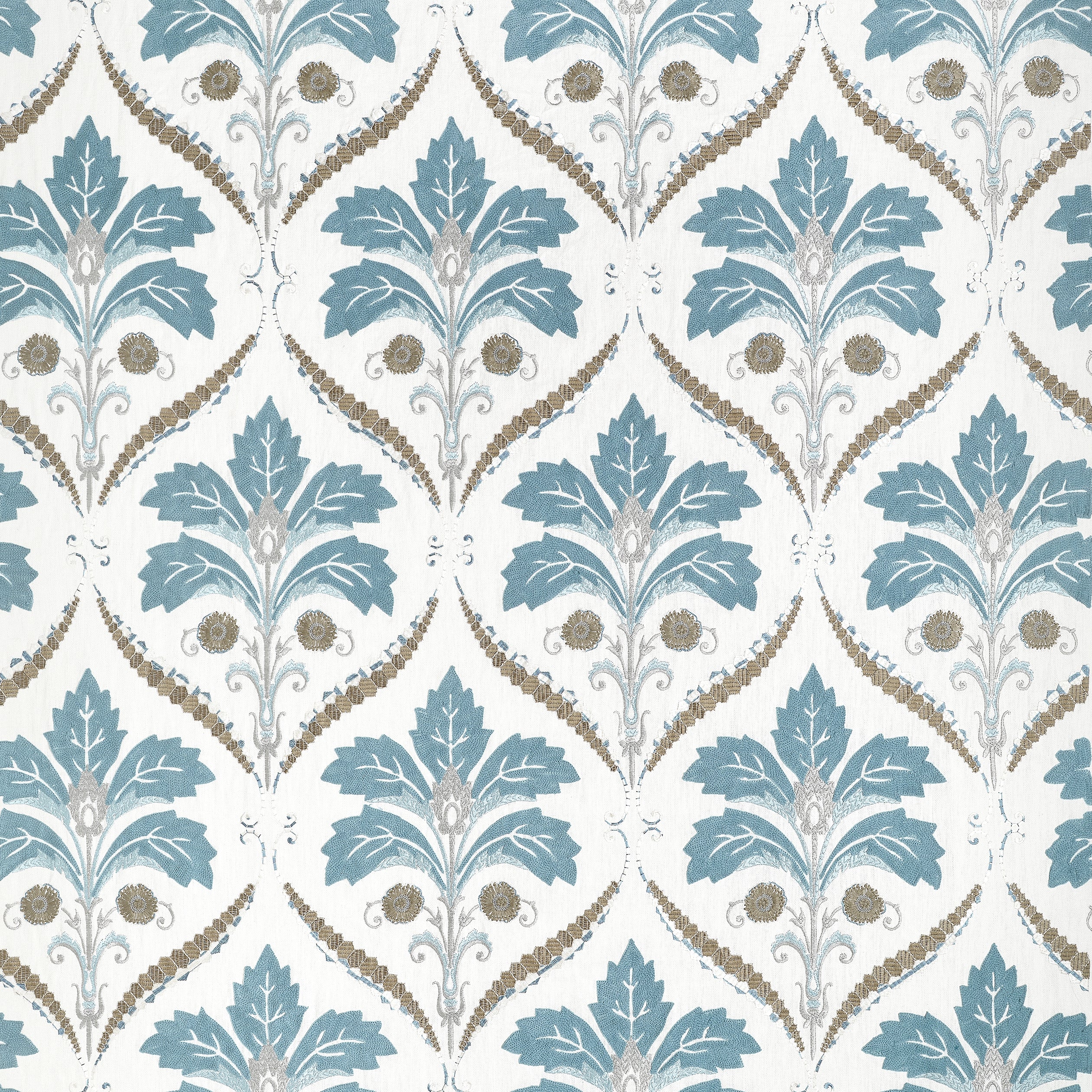 W710509 | Boxwood Fabric Book, Kendall Damask Embroidery, Mineral - Thibaut Fabric